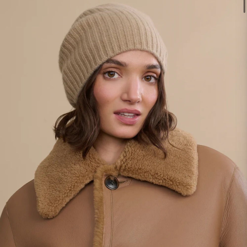 Jenni Kayne Tan Ribbed Knit Cashmere Beanie